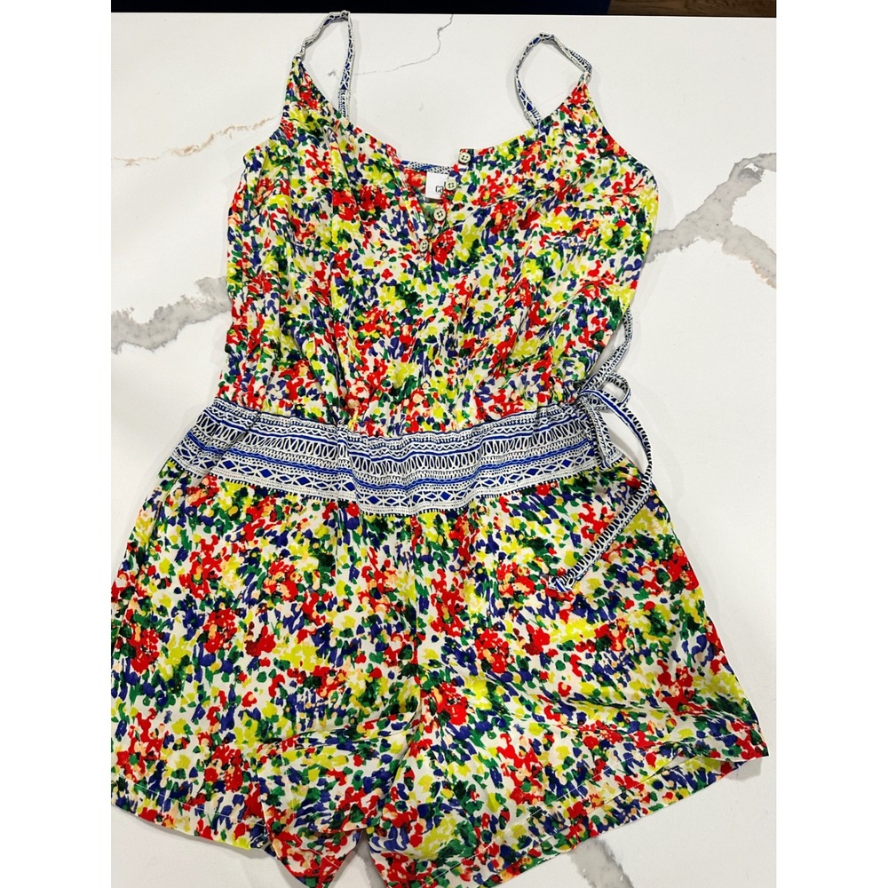 Cabi Womens‎ XS Multi Color Abstract Floral Romper Spaghetti Strap Summer